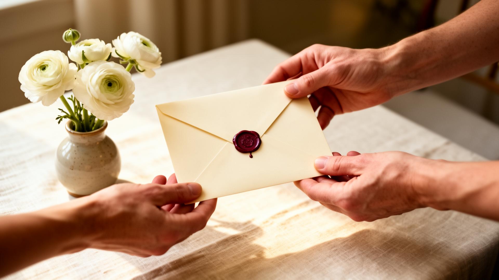 Two hands intertwined beside a wax-sealed letter